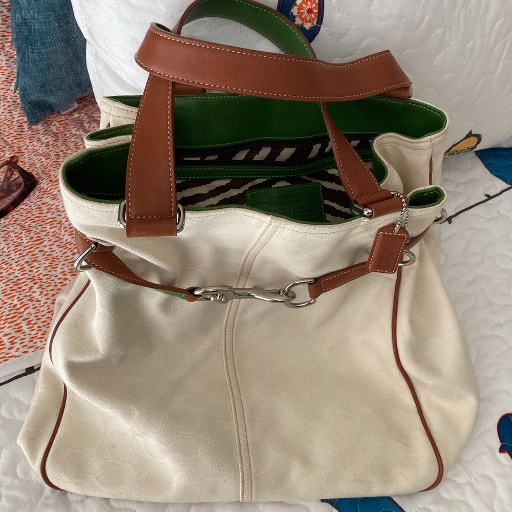 Coach signature fabric canvas tote bag with brown and green  leather trim